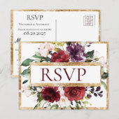Budget Burgundy Monogram Floral Gold RSVP Briefkaart (Voorkant / Achterkant)