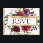 Budget Burgundy Monogram Floral Gold RSVP Briefkaart<br><div class="desc">Prachtige budgetbloemen met namen van bruid en bruin met op de achterkant van deze RSVP. Goudstrim voor elegantie. Gewoon mooi.</div>