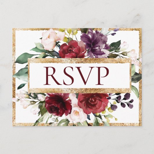 Budget Burgundy Monogram Floral Gold RSVP Briefkaart (Voorkant)