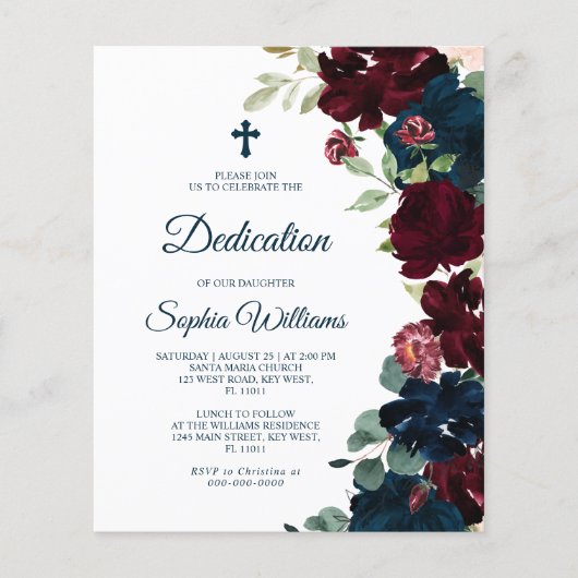 Budget Burgundy & Navy Blue Dedication Invitation (Voorkant)