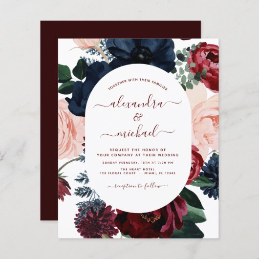 Budget Burgundy Navy Blue Floral Wedding (Voorkant / Achterkant)