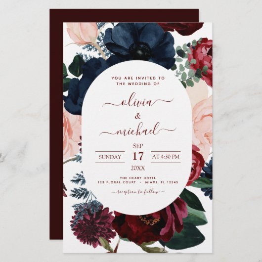 Budget Burgundy Navy Blue Floral Wedding (Voorkant / Achterkant)