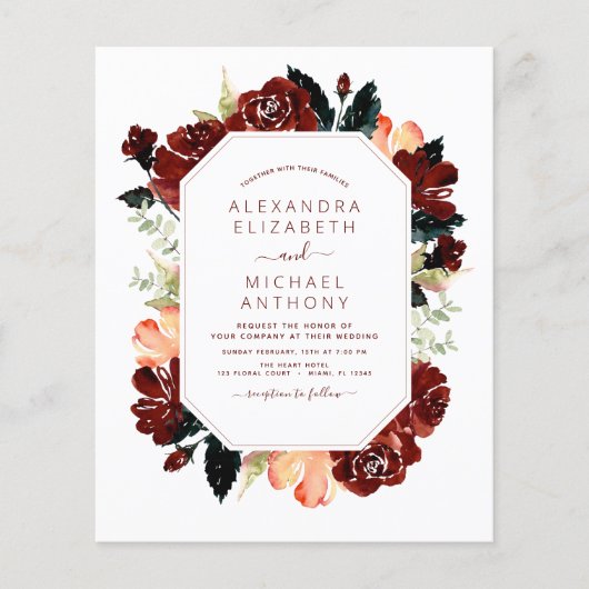 Budget Burgundy Navy Blue Floral Wedding Elegant Flyer (Voorkant)