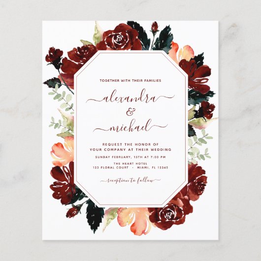 Budget Burgundy Navy Blue Floral Wedding Elegant Flyer (Voorkant)