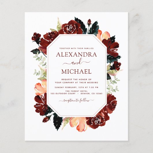 Budget Burgundy Navy Blue Floral Wedding Elegant Flyer (Voorkant)