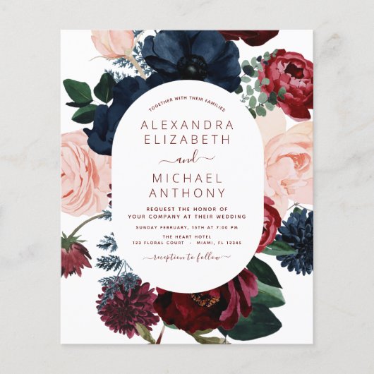 Budget Burgundy Navy Blue Floral Wedding Flyer (Voorkant)