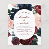 Budget Burgundy Navy Blue Floral Wedding Flyer (Voorkant)