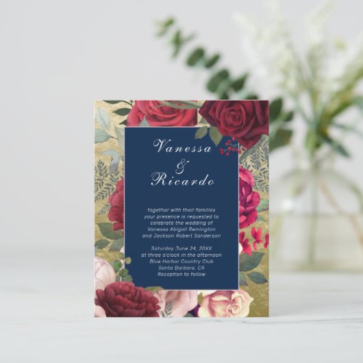 Budget Burgundy Navy Blue Wedding Invitation (Staand voorkant)