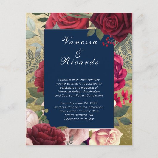Budget Burgundy Navy Blue Wedding Invitation (Voorkant)