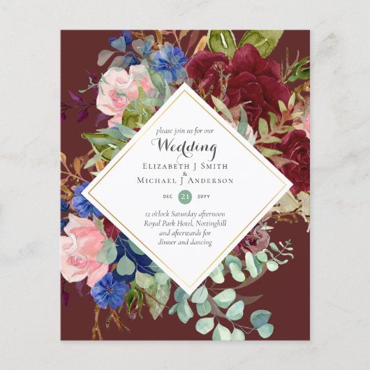BUDGET Burgundy Navy Floral Wedding Invitations Flyer (Voorkant)