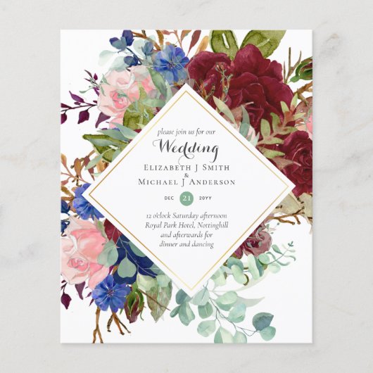 BUDGET Burgundy Navy Floral Wedding Invitations Flyer (Voorkant)