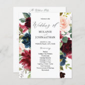 Budget Burgundy Navy Pink Floral Wedding Programme (Voorkant / Achterkant)
