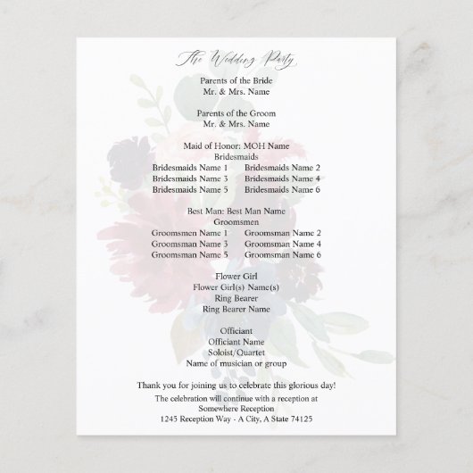 Budget Burgundy Navy Pink Floral Wedding Programme (Achterkant)