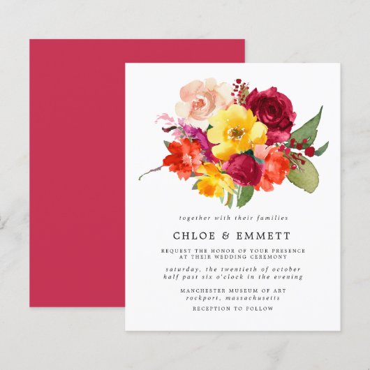 Budget Burgundy Oranje Yellow Pink Wedding Invite (Voorkant / Achterkant)