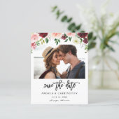 Budget Burgundy Pink 4 Floral Foto Save the Date (Staand voorkant)