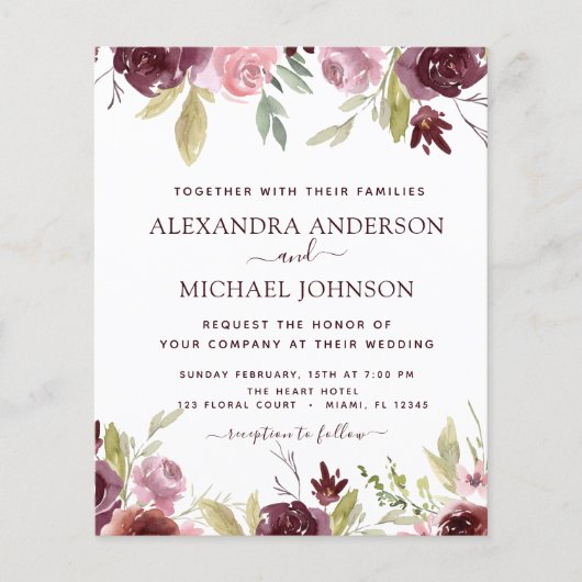 Budget Burgundy Pink Floral Wedding Flyer (Voorkant)