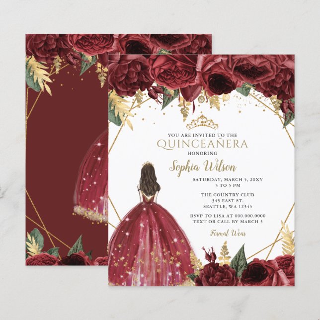 Budget Burgundy Princess Quinceañera Uitnodiging (Voorkant / Achterkant)