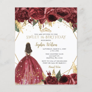 Budget Burgundy Princess Sweet 16 Uitnodiging