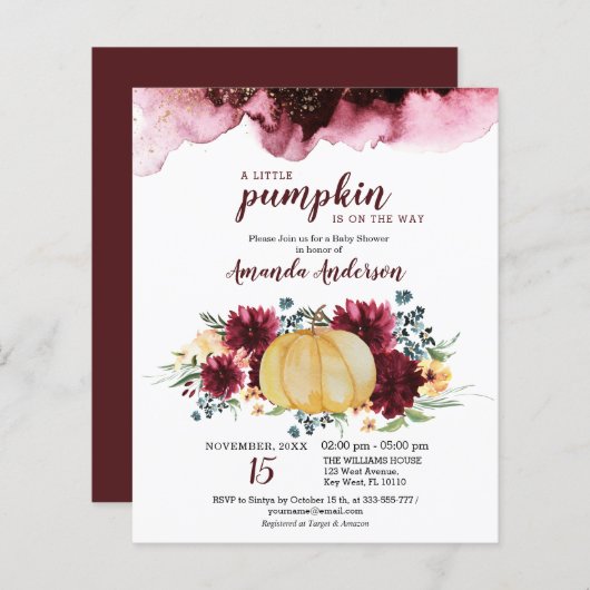 Budget Burgundy Pumpkin Baby shower Uitnodiging (Voorkant / Achterkant)