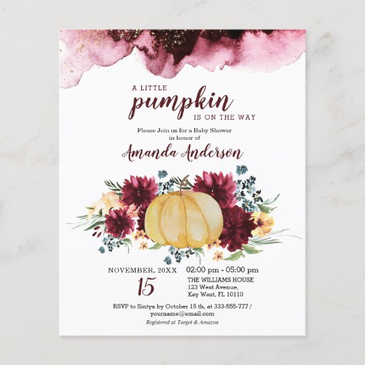 Budget Burgundy Pumpkin Baby shower Uitnodiging (Voorkant)