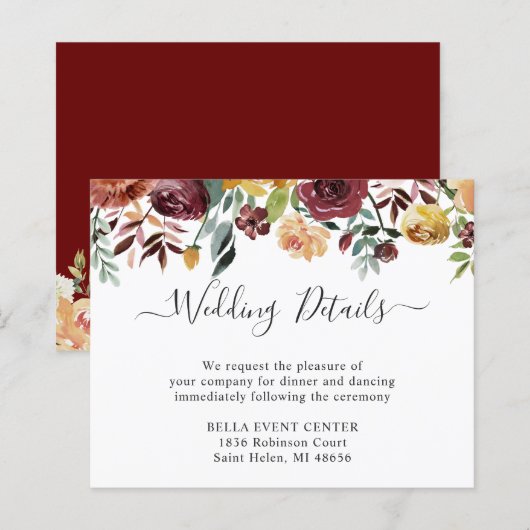 Budget Burgundy Red Floral Wedding Details Kaart (Voorkant / Achterkant)