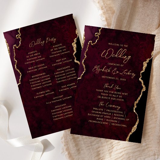 Budget Burgundy Red Gold Agate Wedding Program