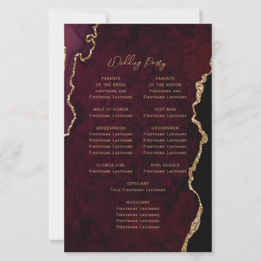 Budget Burgundy Red Gold Agate Wedding Program (Achterkant)