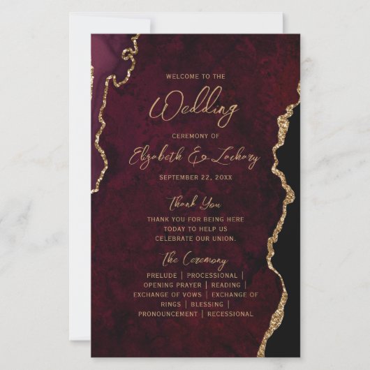Budget Burgundy Red Gold Agate Wedding Program (Voorkant)