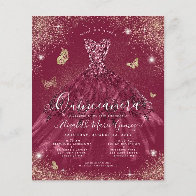 Budget Burgundy Red Gold Gown Quinceanera Invite (Voorkant)