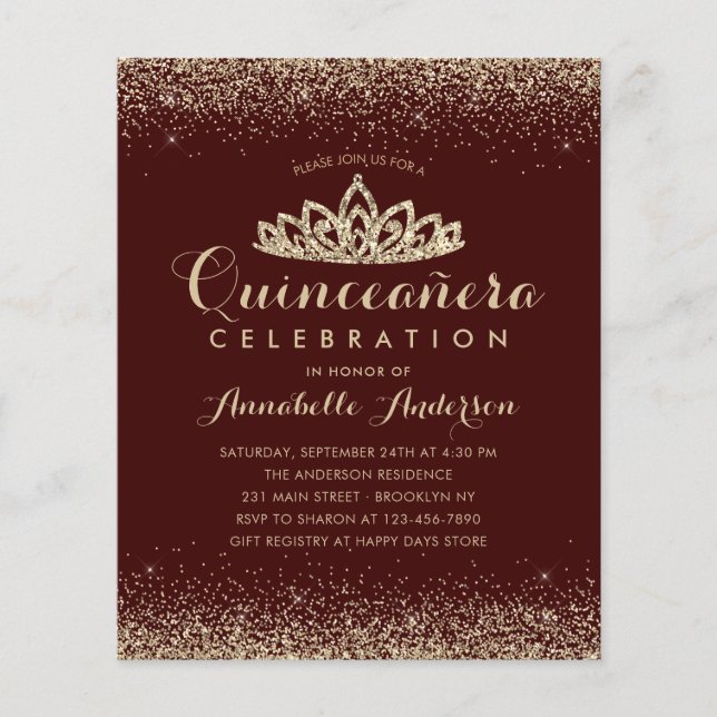 Budget Burgundy Red Gold Quinceañera Tiara Invite (Voorkant)