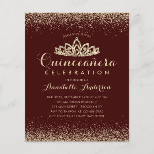 Budget Burgundy Red Gold Quinceañera Tiara Invite