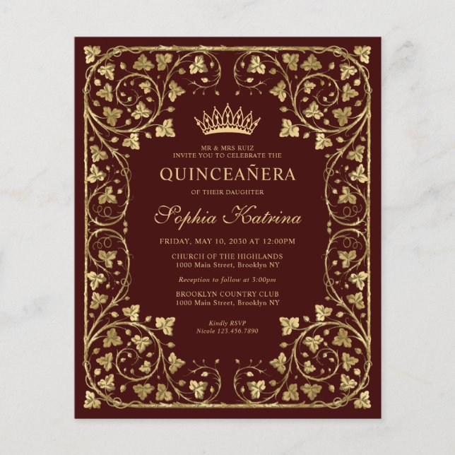 Budget  Burgundy Red Gold Tiara Quinceanera (Voorkant)