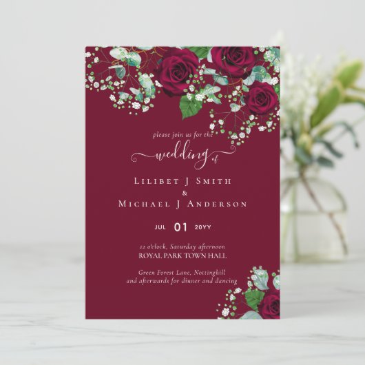 BUDGET Burgundy Red Roses Gypsophila WEDDING (Staand voorkant)