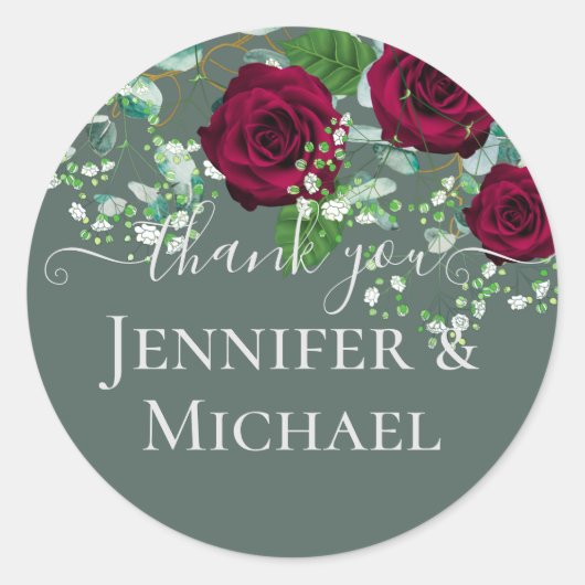BUDGET Burgundy Red Roses Gypsophila WEDDING Ronde Sticker (Voorkant)