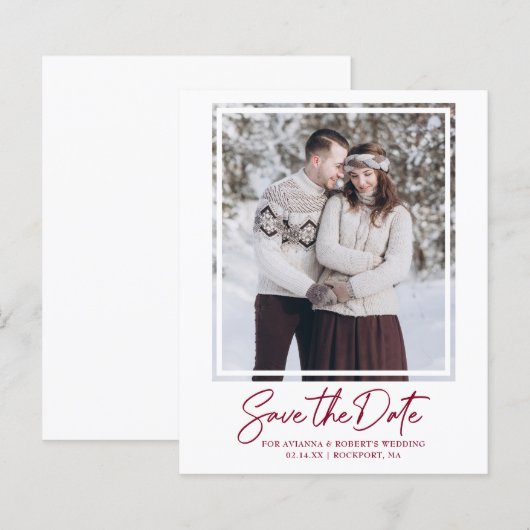 Budget Burgundy Red Text Foto Save the Date (Voorkant / Achterkant)