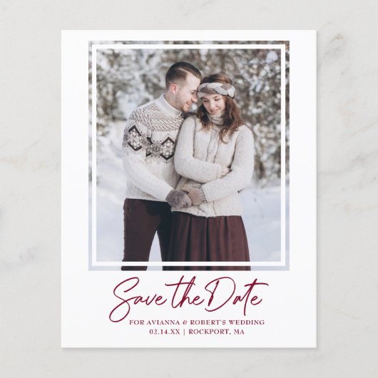 Budget Burgundy Red Text Foto Save the Date (Voorkant)