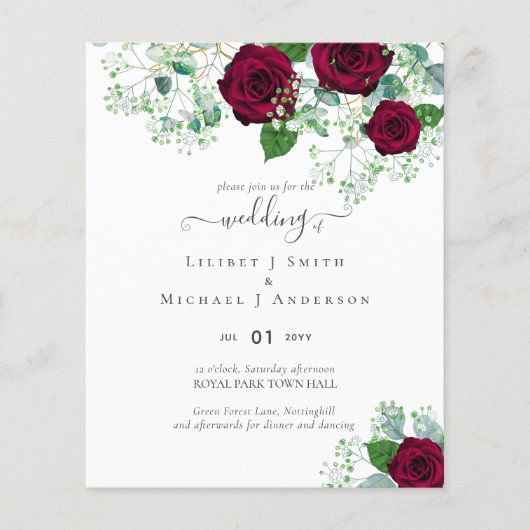 BUDGET Burgundy Rode Rozen Gypsophila TROUWEN (Voorkant)