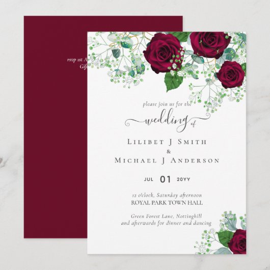 BUDGET Burgundy Rode Rozen Gypsophila TROUWEN (Voorkant / Achterkant)