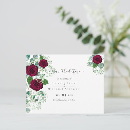 BUDGET Burgundy Rode Rozen Gypsophila TROUWEN Briefkaart (Staand voorkant)