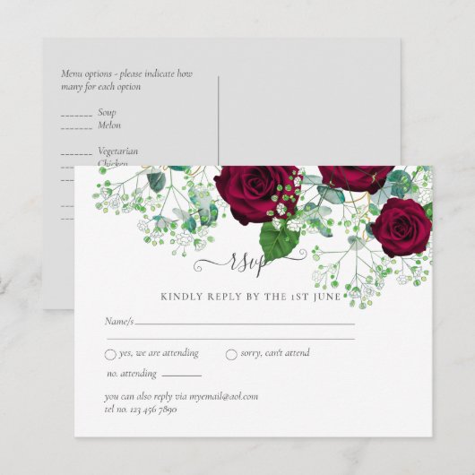 BUDGET Burgundy Rode Rozen Gypsophila TROUWEN Briefkaart (Voorkant / Achterkant)