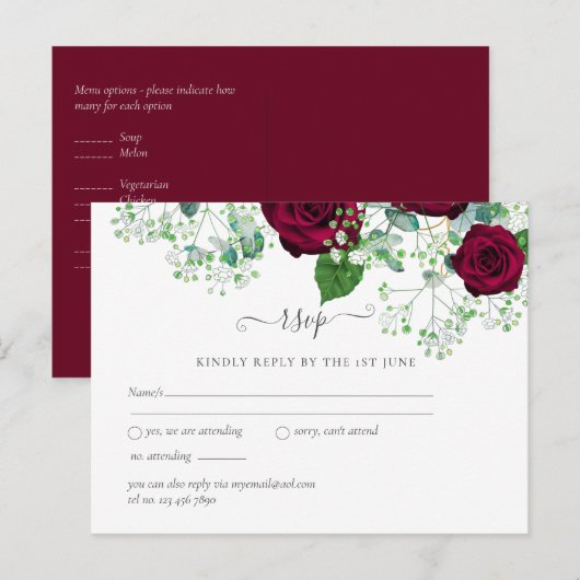 BUDGET Burgundy Rode Rozen Gypsophila TROUWEN Briefkaart (Voorkant / Achterkant)