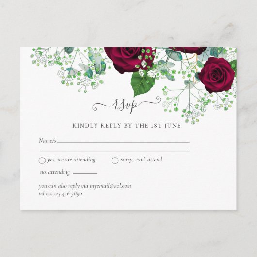 BUDGET Burgundy Rode Rozen Gypsophila TROUWEN Briefkaart (Voorkant)