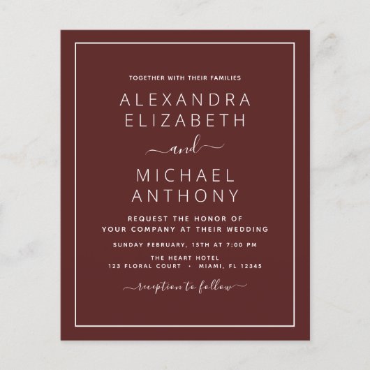Budget Burgundy Romantic Wedding Invitation Flyer (Voorkant)