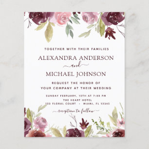 Budget Burgundy Roze Bloemen Bruiloft Uitnodiging Flyer