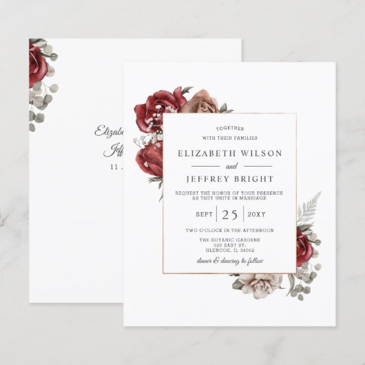 Budget Burgundy Rustic Floral Wedding Uitnodiging (Voorkant / Achterkant)