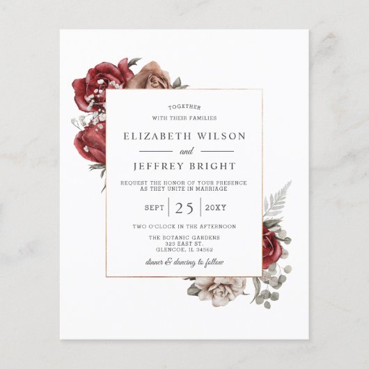 Budget Burgundy Rustic Floral Wedding Uitnodiging (Voorkant)