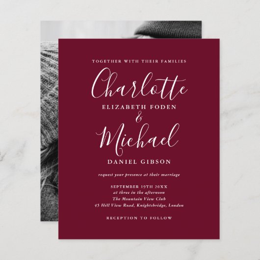 Budget Burgundy Script Photo Weddenschap (Voorkant / Achterkant)