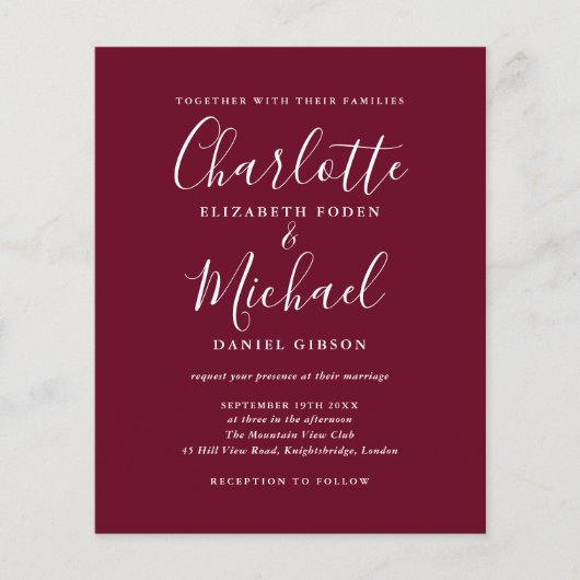 Budget Burgundy Script Photo Weddenschap (Voorkant)