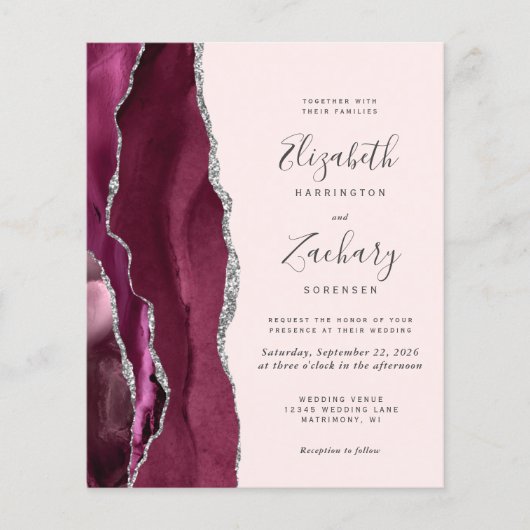 Budget Burgundy Silver Agate Blush Wedding Invite (Voorkant)