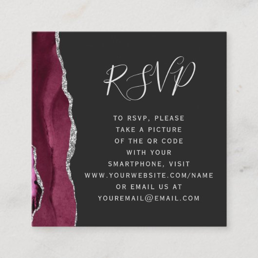 Budget Burgundy Silver Agate Dark QR Code RSVP Informatiekaartje (Voorkant)